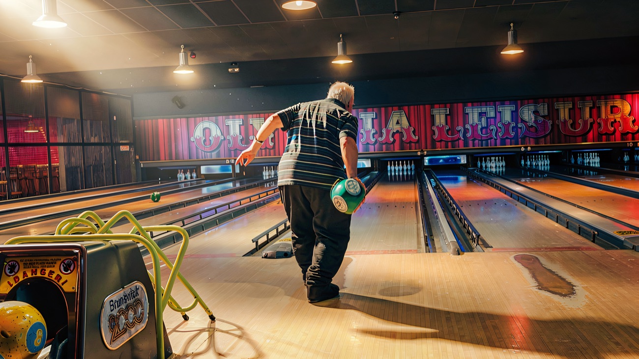 A bowler mid-throw down the polished Olympia Leisure lanes