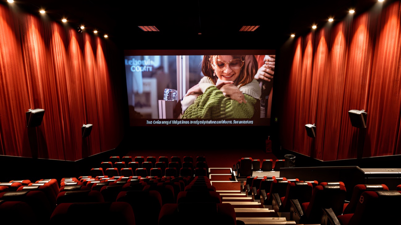 Auditorium with curtained walls and rows of red seats facing the screen