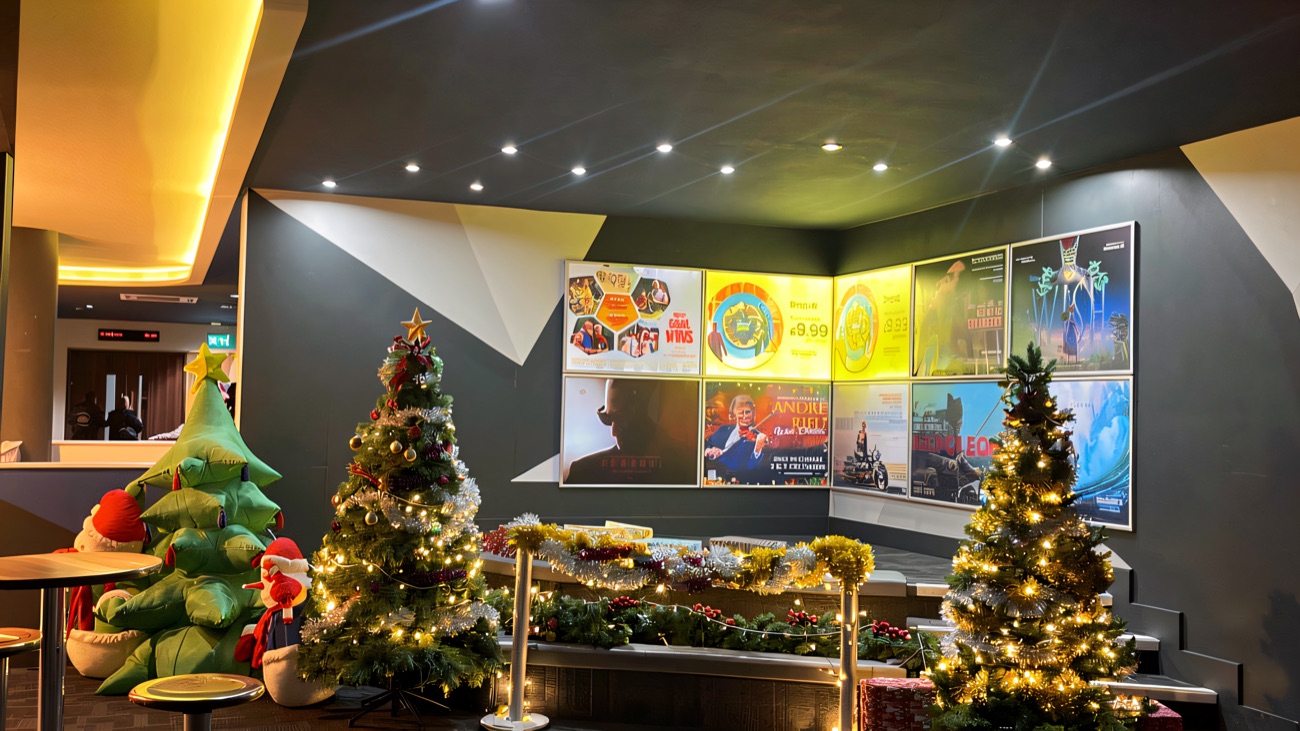The foyer decorated for Christmas
