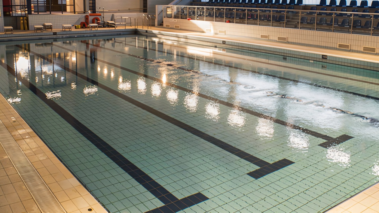 The main pool with spectator seating along one side
