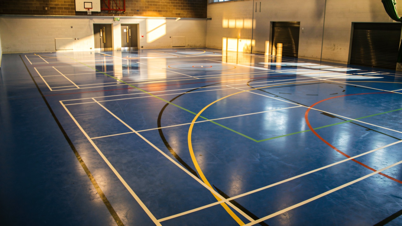 The sports hall, lines marked for every court game