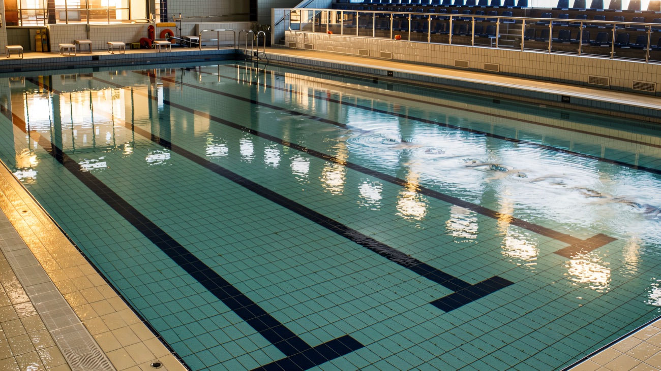 The swimming pool with spectator seating along one side