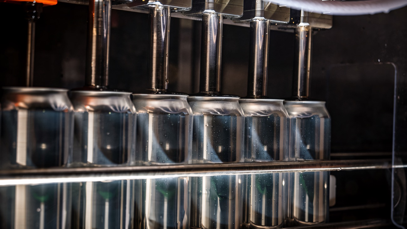 Empty cans moving along the canning machine, lined up under the filling heads.