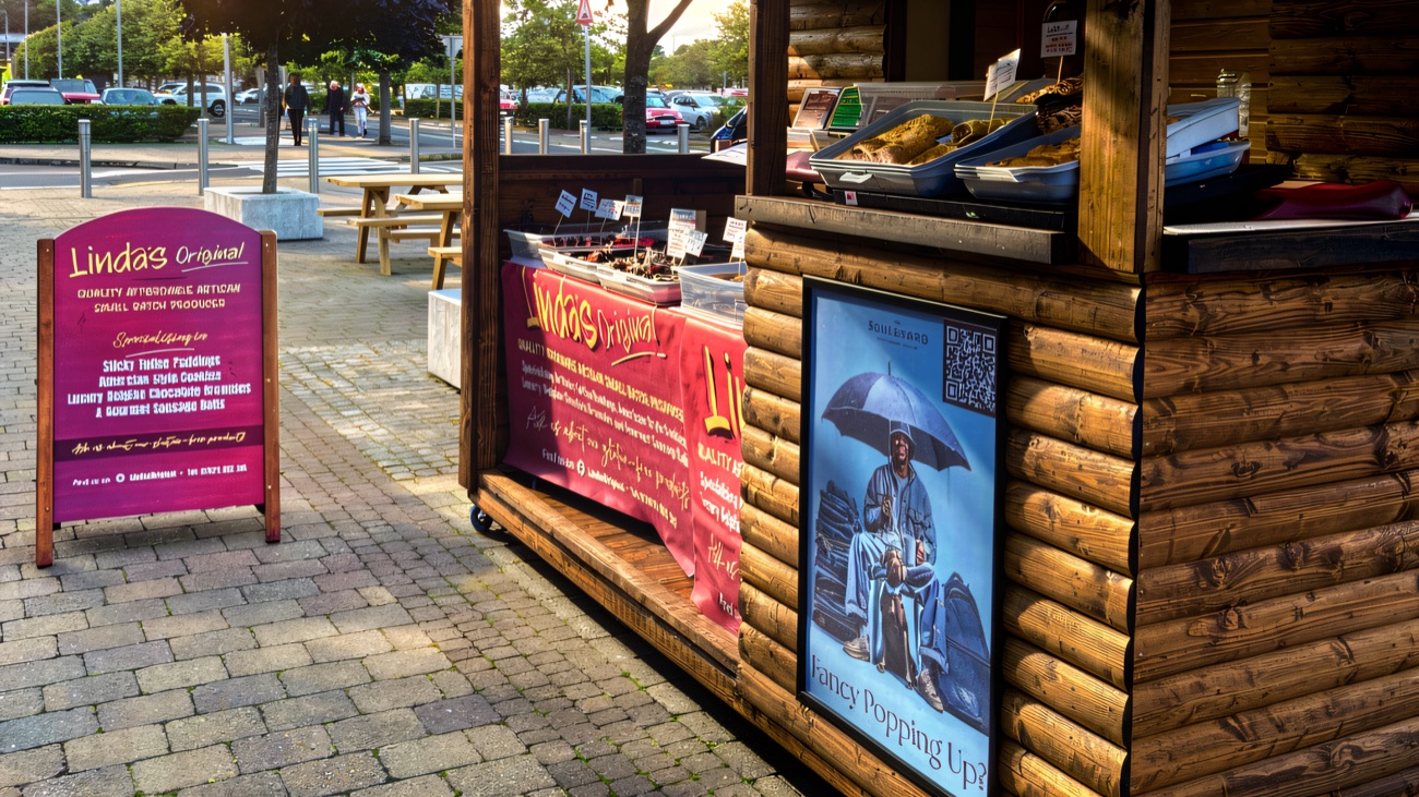 A timber food stall at Pods on the Piazza at The Boulevard, with local traybakes on the counter and picnic benches behind