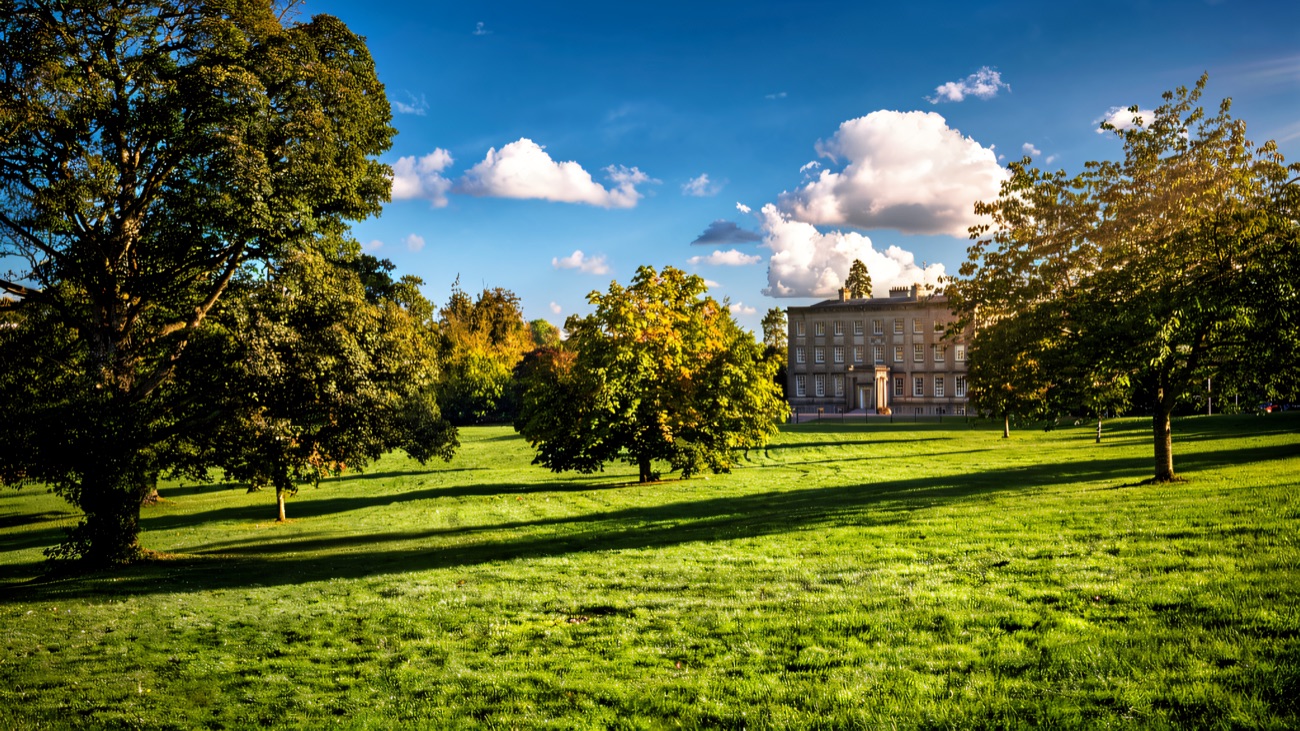 Wide green parkland with mature trees and the Palace in the distance