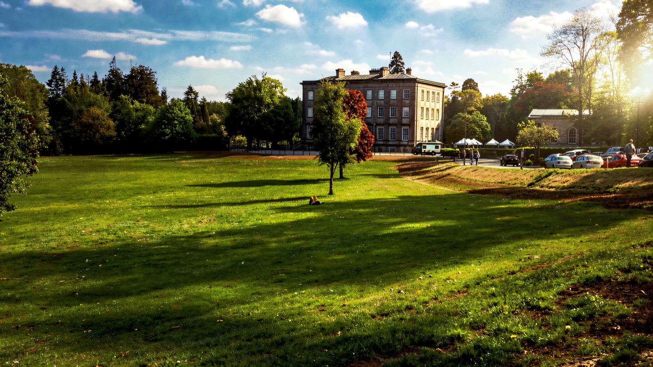 The Palace seen across the wide green of the demesne.