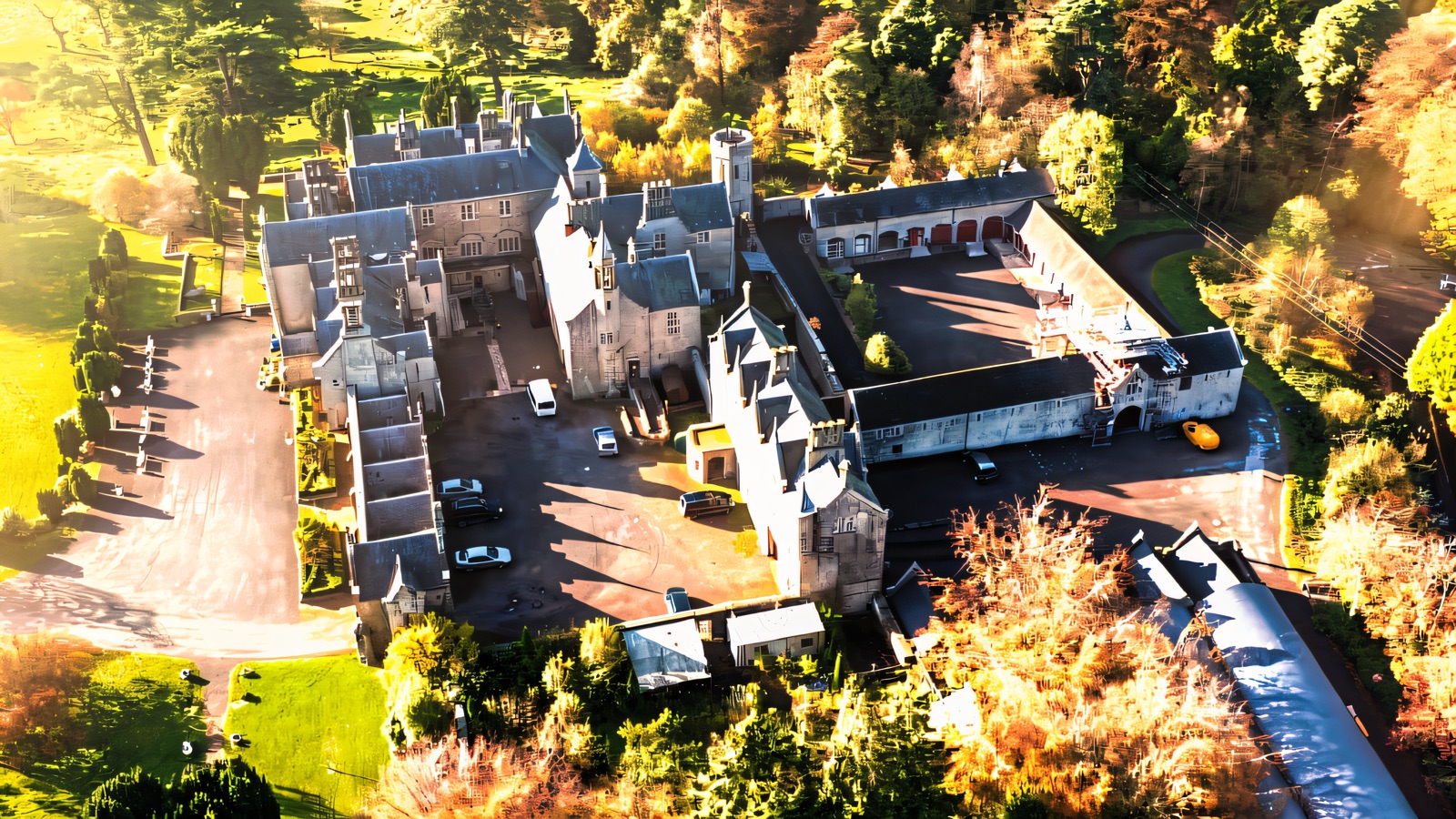 Aerial view of the Gothic-style Parkanaur Manor among autumn woodland, its grey stone wings ringed by mature trees turning gold