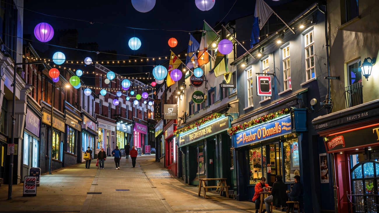 Waterloo Street at night, lit up outside Peadar O'Donnell's