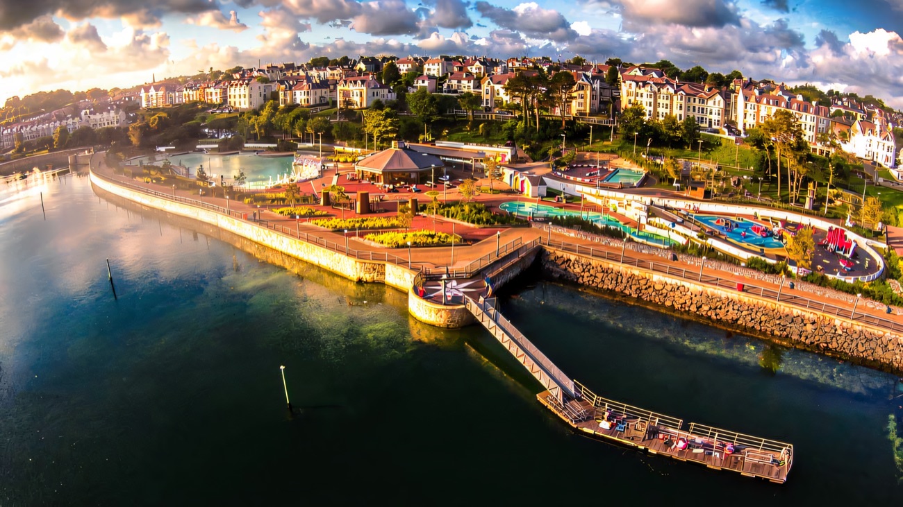 Aerial view of Pickie Funpark on Bangor's seafront, the boating lake and park beside the marina and Belfast Lough