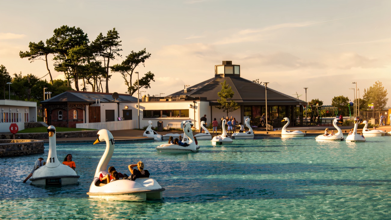 Riding the famous swan pedal boats on Pickie's boating lake