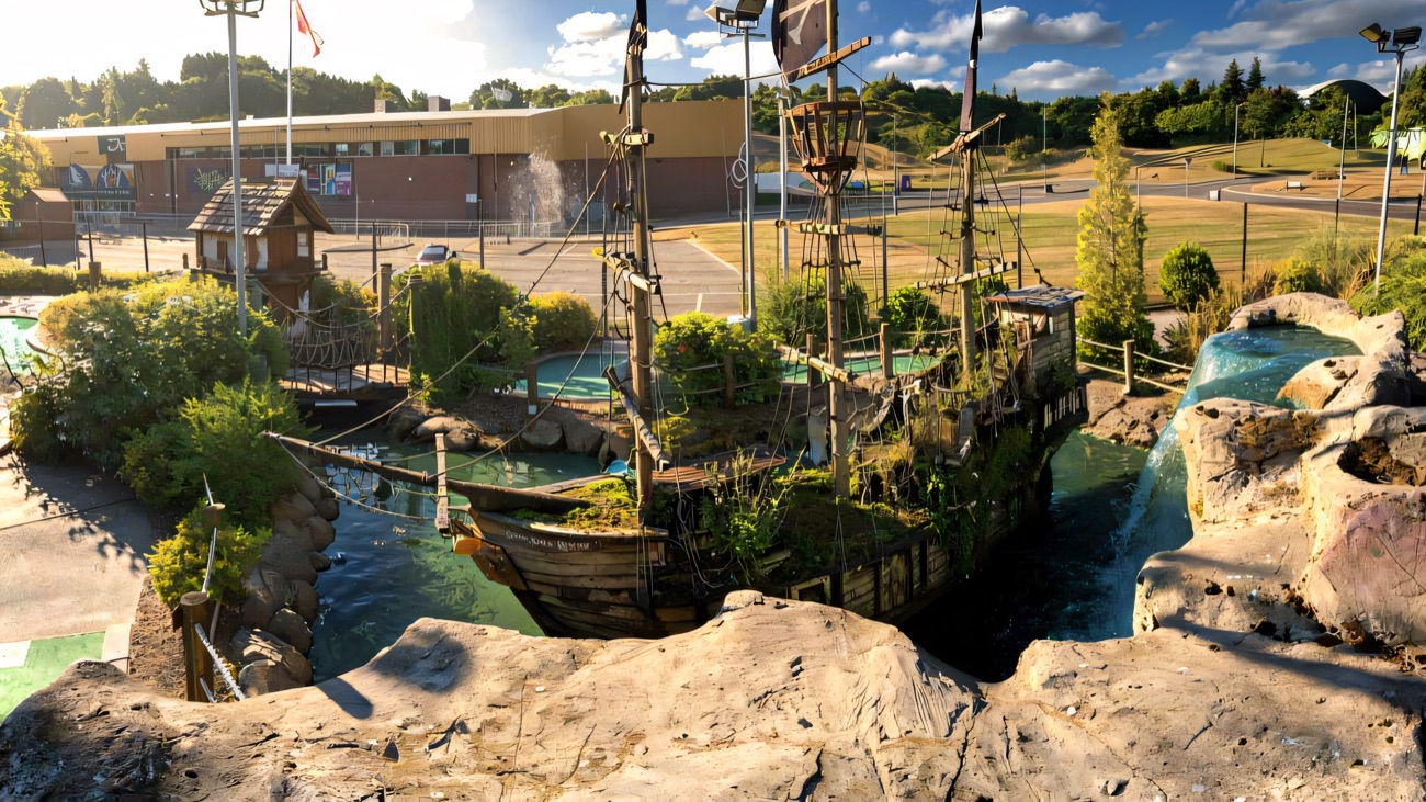 Overhead view of the moss-covered pirate ship sitting in a bright blue waterway with a waterfall, greens and the Ice Bowl building behind