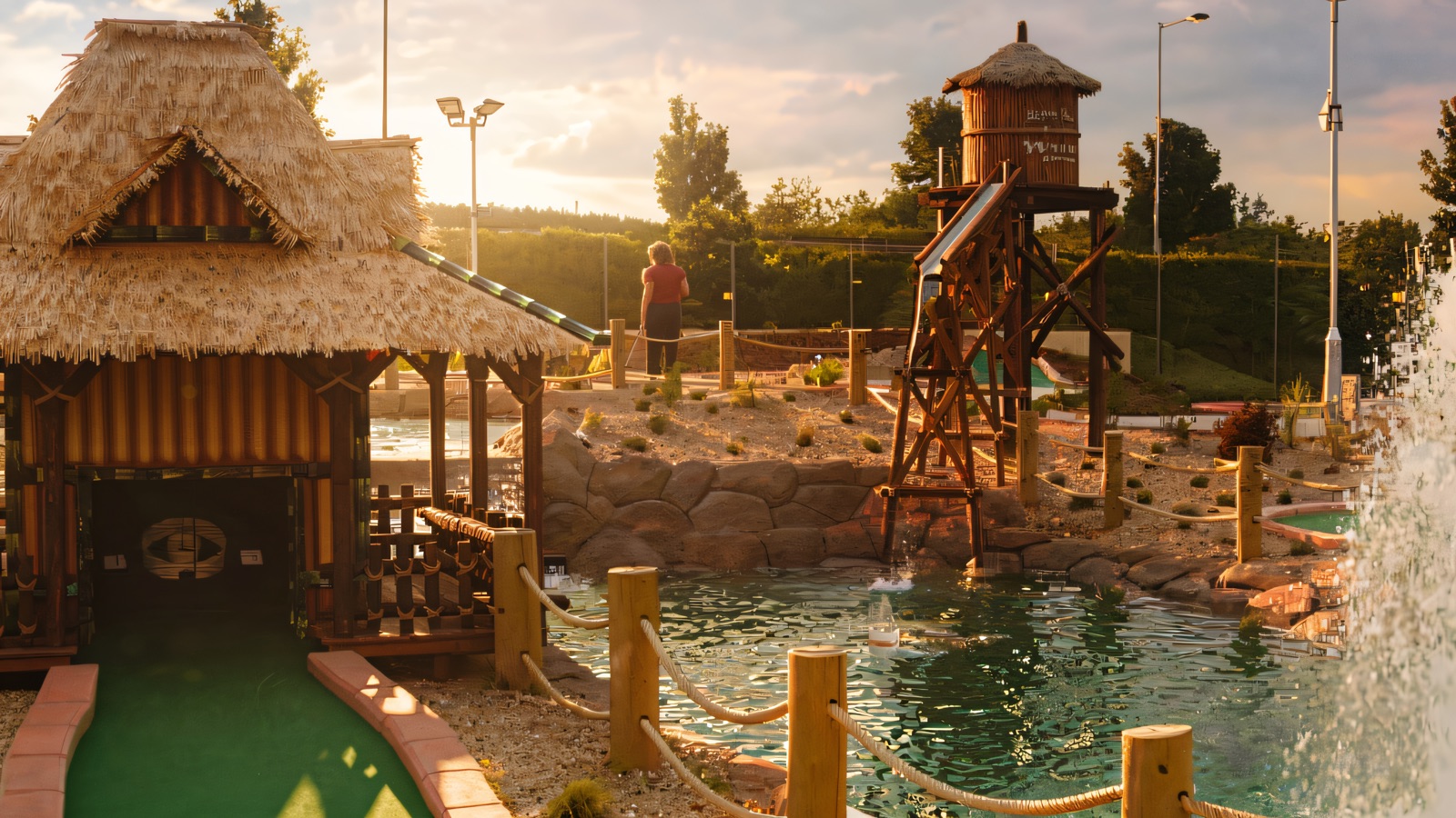Pirates Adventure Golf at dusk — thatched tiki huts, a wooden lookout tower and rope-fenced greens around a floodlit waterway with a fountain