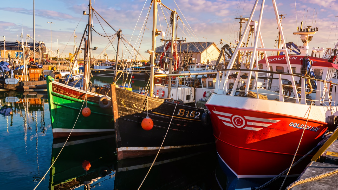 Three brightly painted trawler bows tied up along the pier