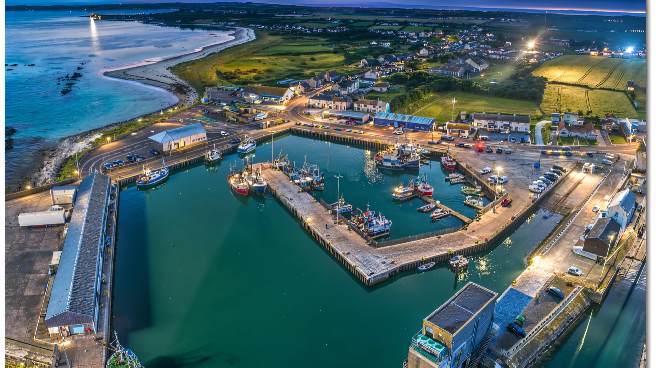Aerial view of the harbour basin, fleet and beach beyond