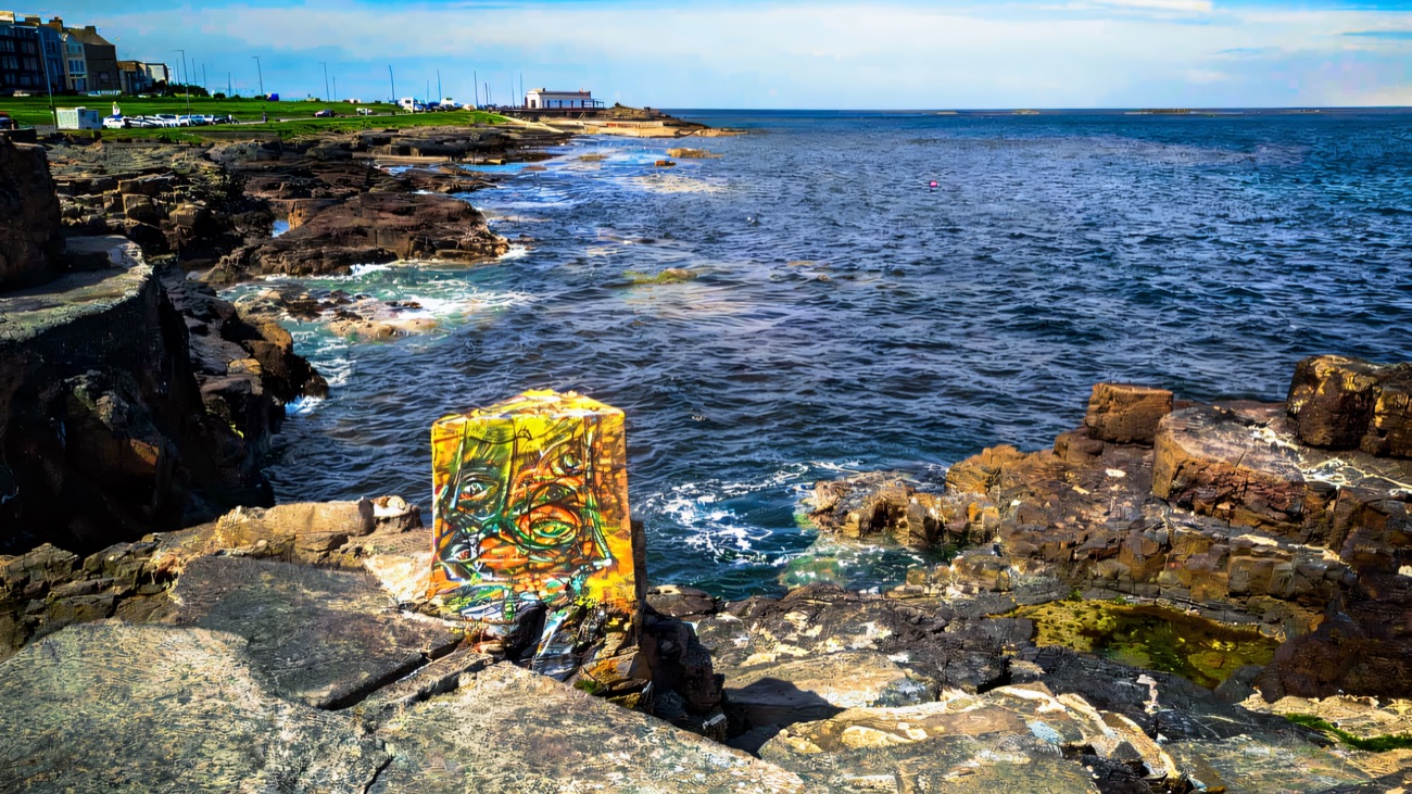 Rock pools and painted stones along the foreshore, the Arcadia café in the distance.