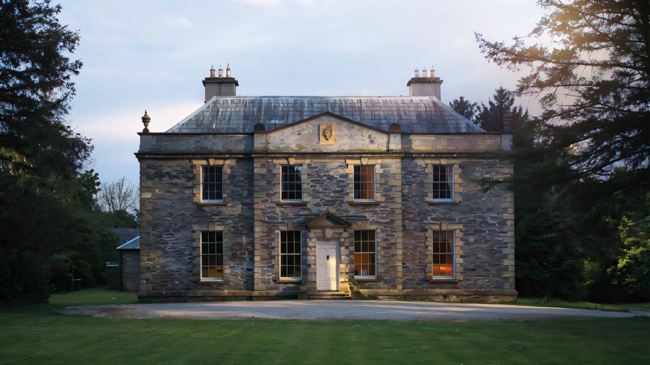The symmetrical Georgian front elevation of Prehen House with its white door and wide green lawn