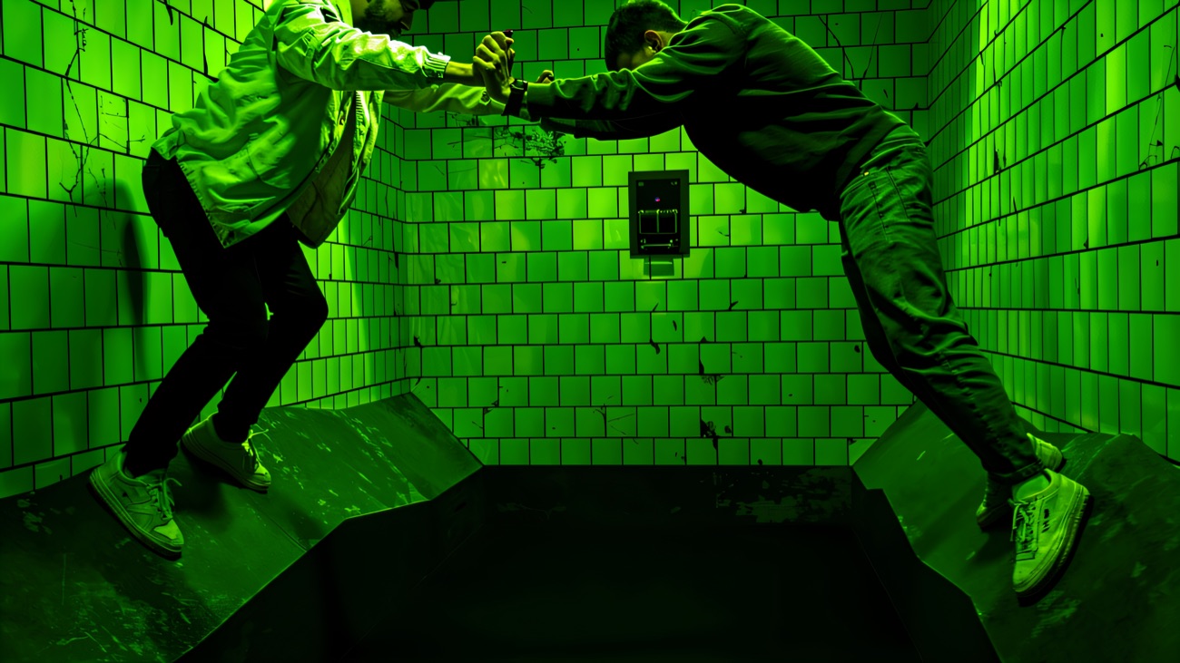 Two players braced against the walls of the green-lit tiled cell