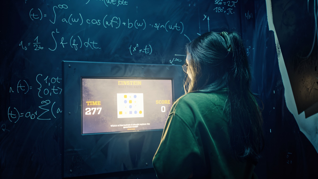 The Einstein cell, with chalked equations and a countdown screen