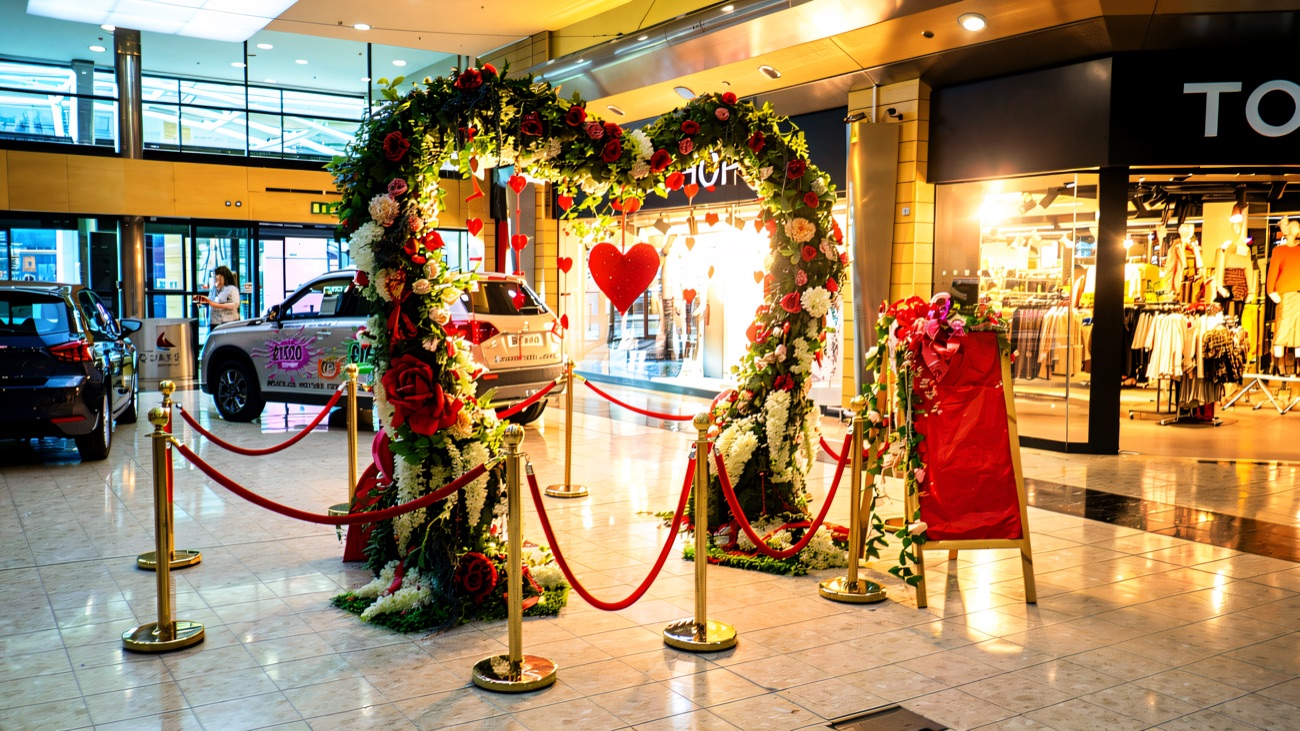 Inside the mall at The Quays, with a floral Valentine's display on the polished concourse and shopfronts either side