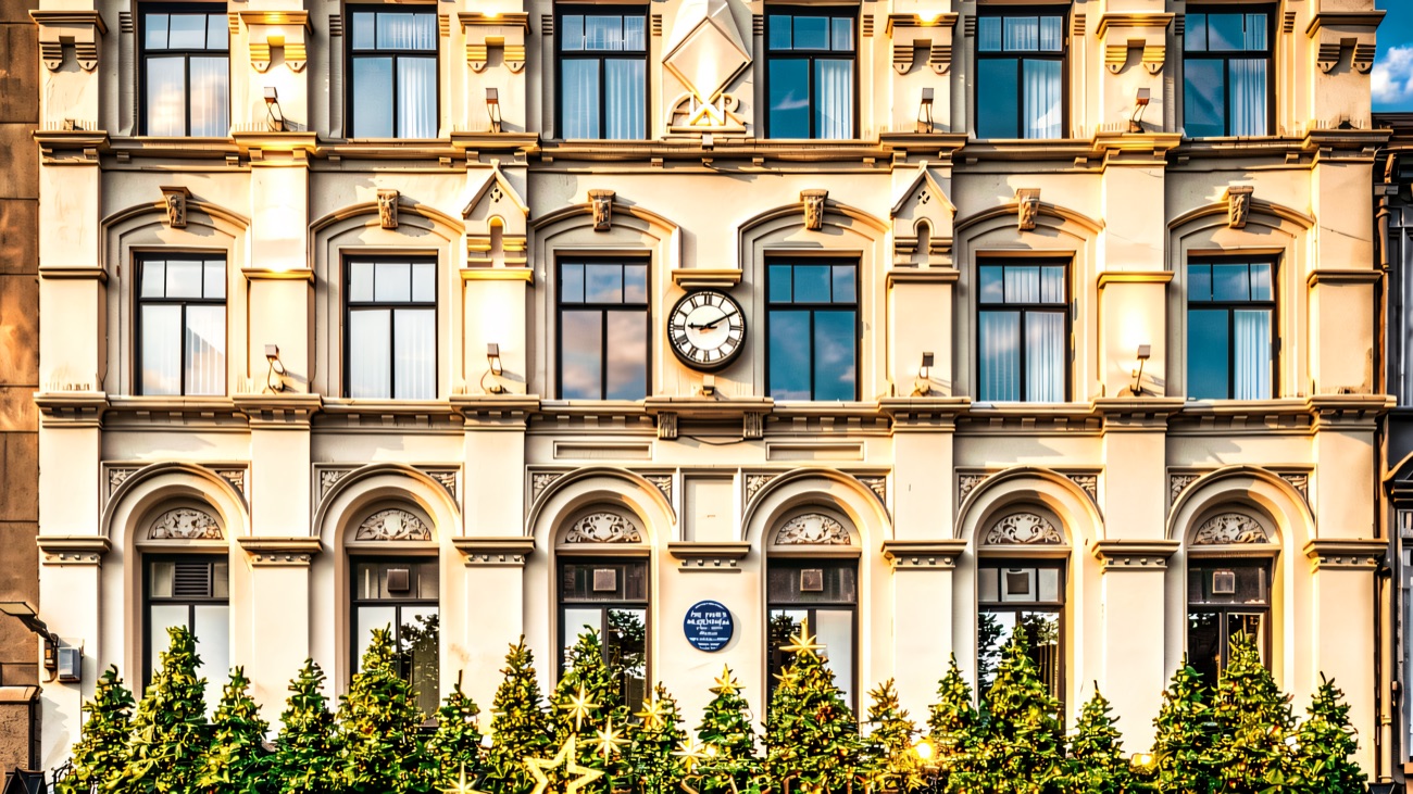 The restored white facade and clock of Queen's Arcade on Donegall Place, dressed for Christmas