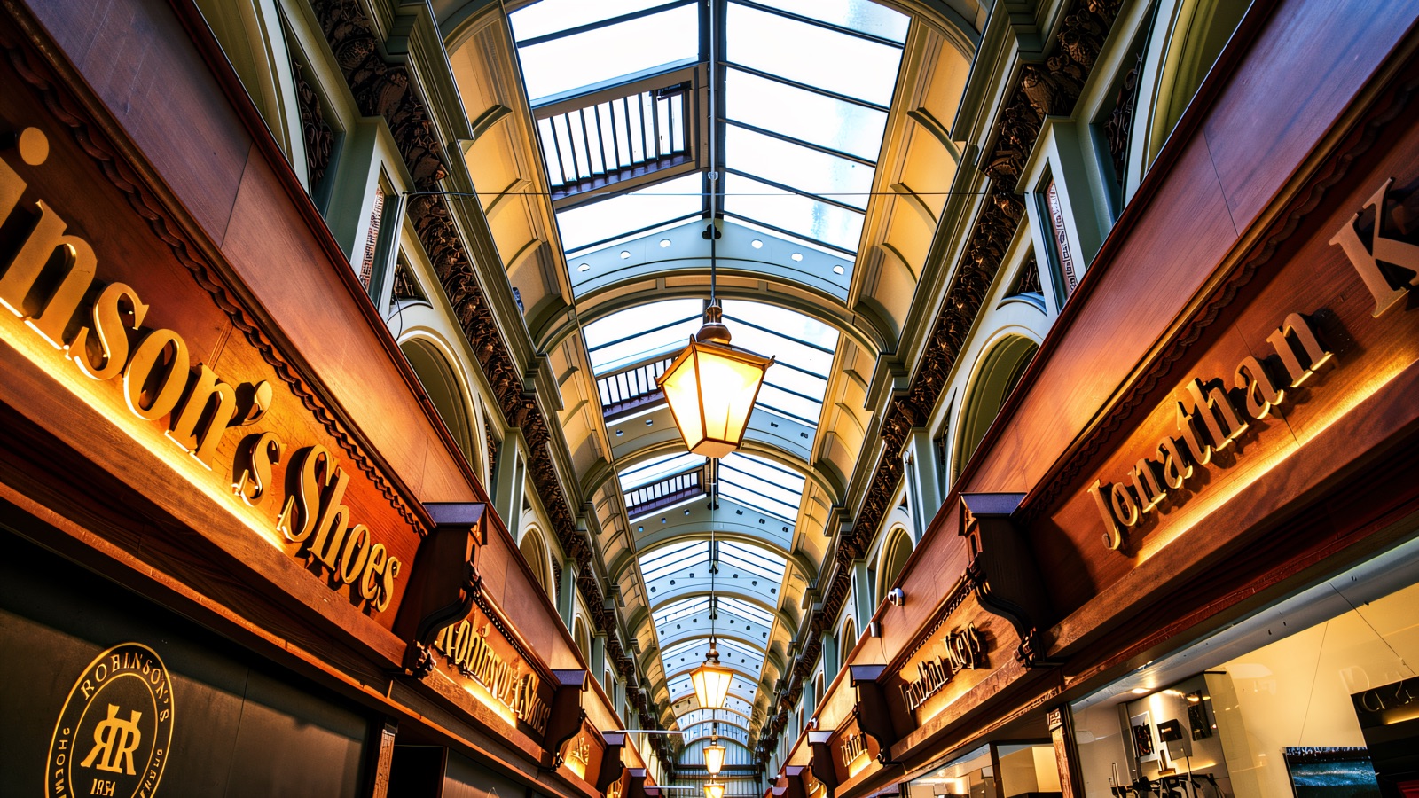 Inside Queen's Arcade in Belfast, the glazed roof and hanging lanterns running the length of the Victorian arcade