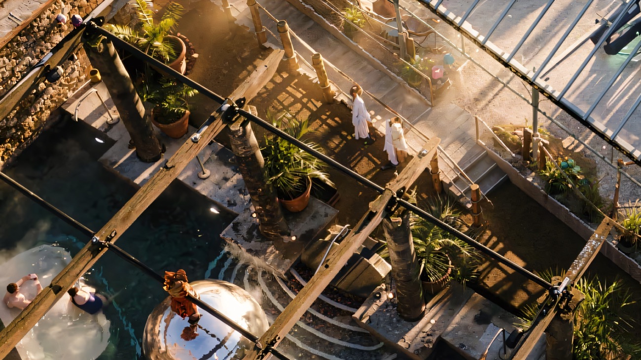 A view down over the lakeside spa: hot tubs, Roman baths and stone columns.