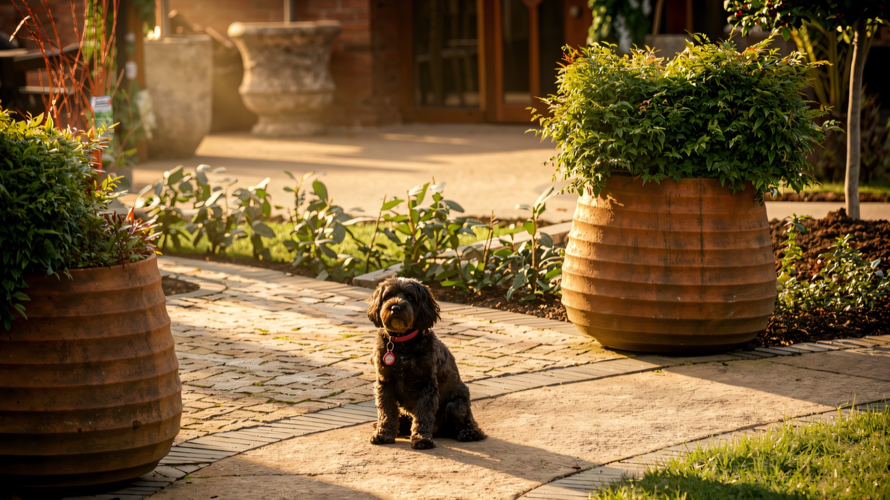 Florence, the hotel dog, sitting in the planted courtyard garden.