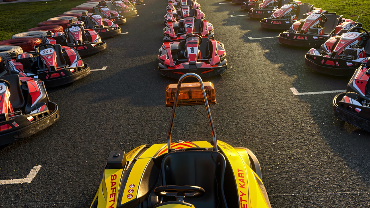 The yellow safety kart leading the fleet out onto the grid