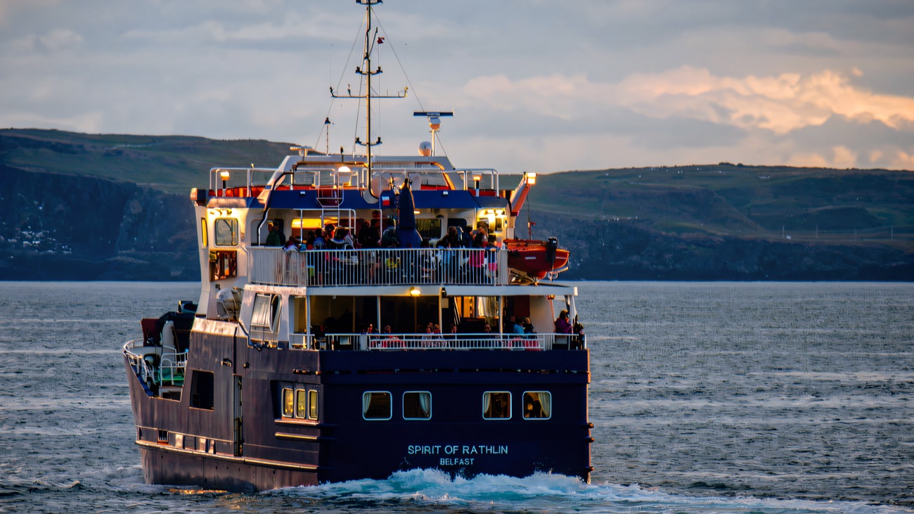 The Spirit of Rathlin crossing to the island, passengers up on deck
