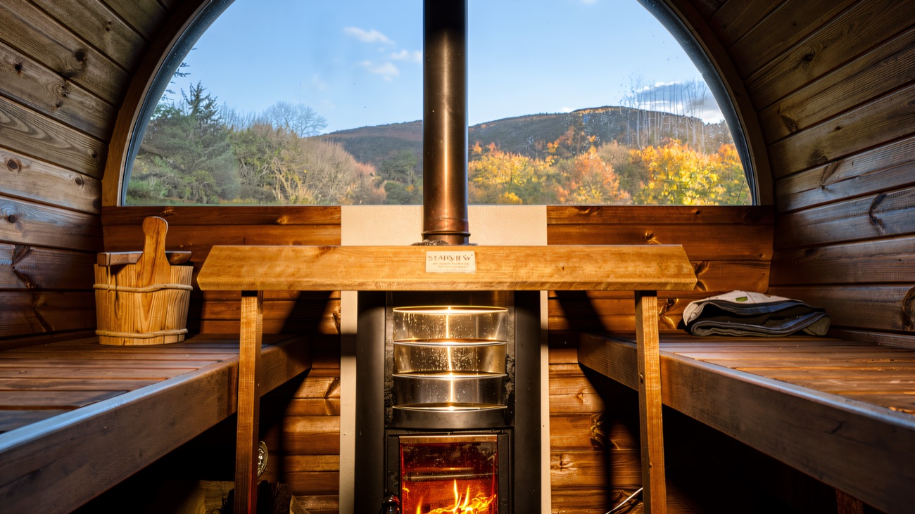 Inside the barrel, stove lit and the hills through the window