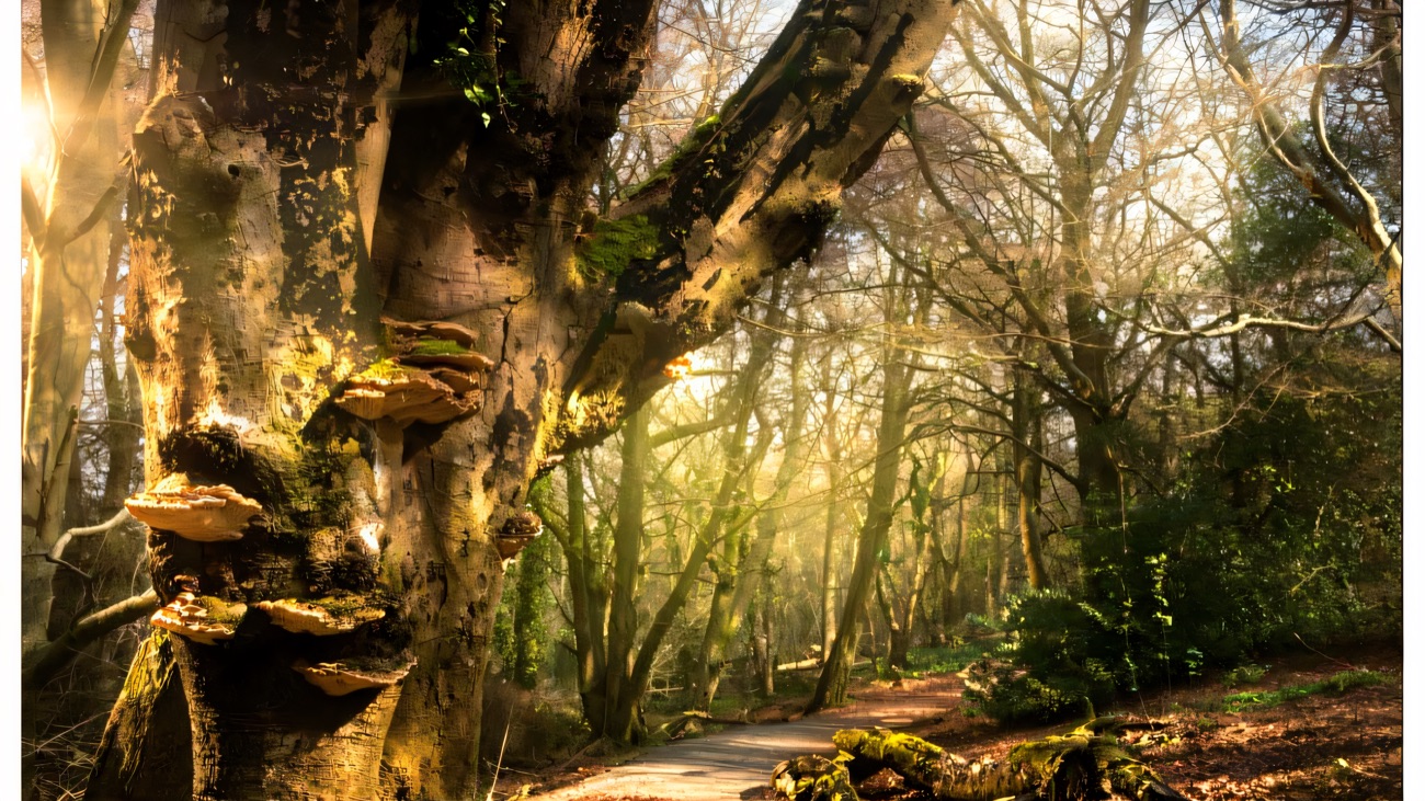 A quiet earthen trail through the mature woodland at Redburn, old moss-covered trees leaning over the path
