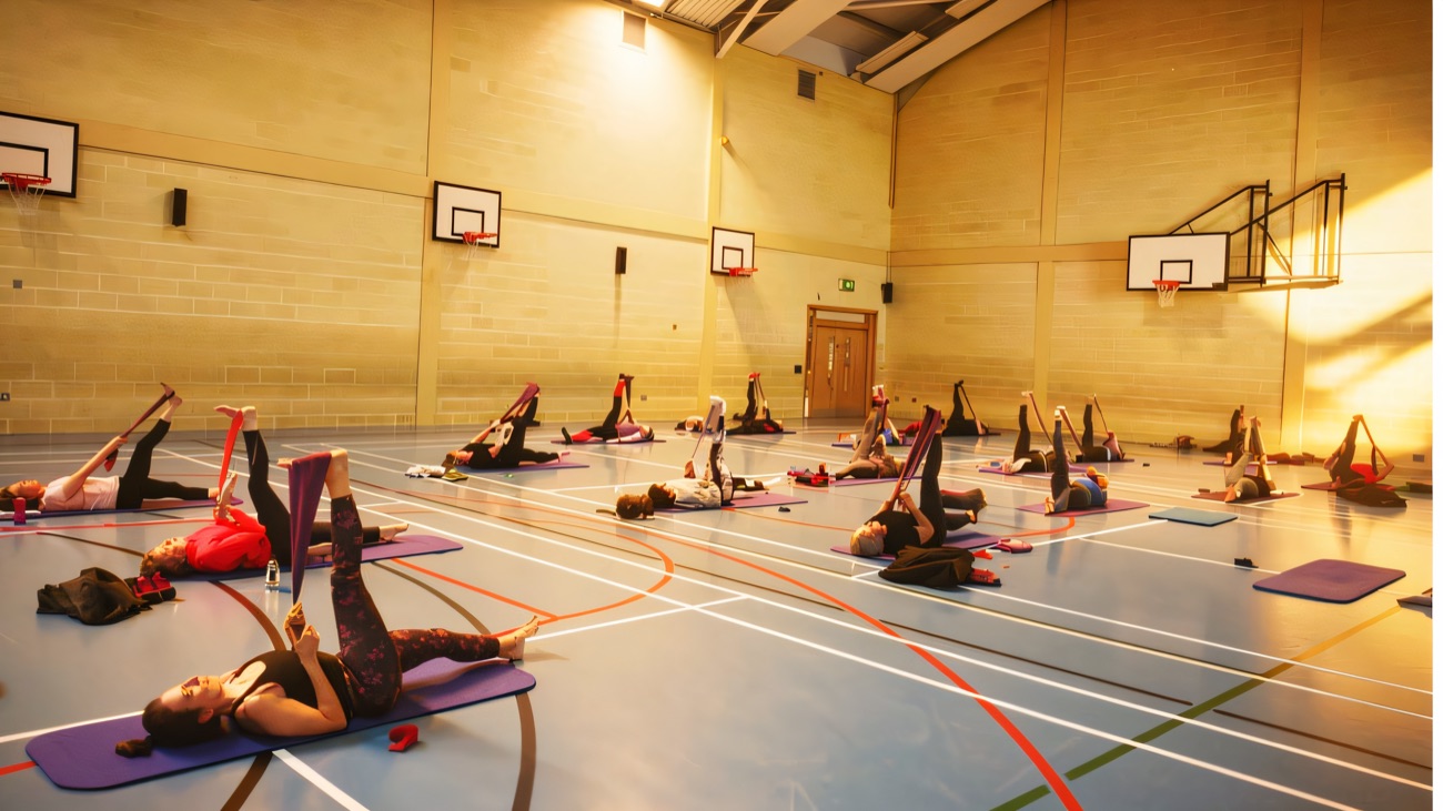 A stretch-and-tone class filling the sports hall