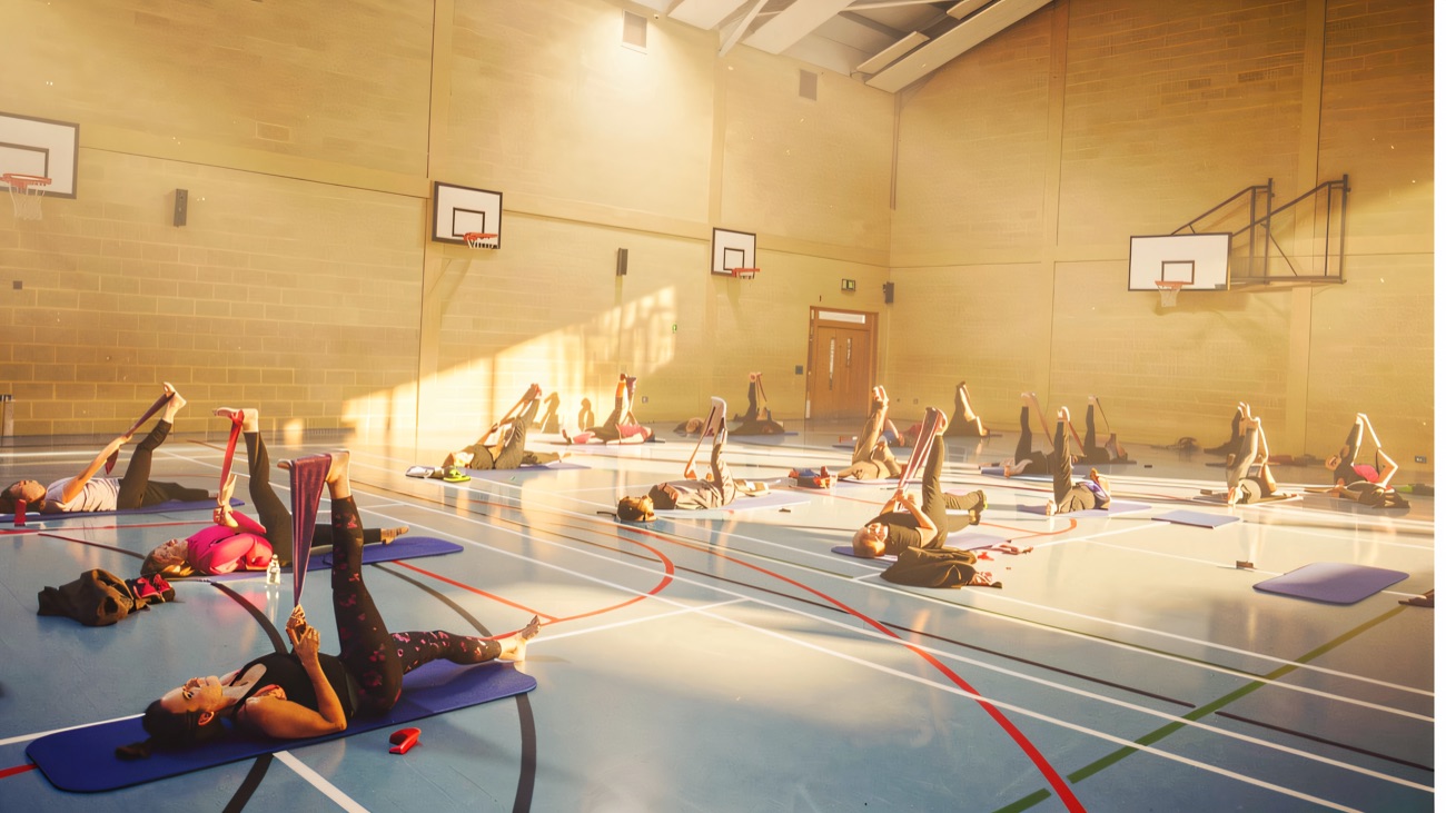 A busy mat-based fitness class filling the sports hall