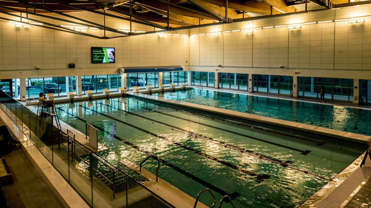 The bright main pool, with a lifeguard on watch