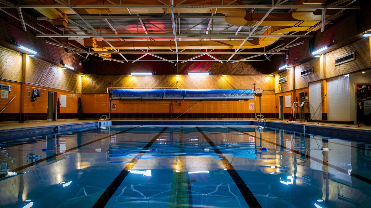 The pool hall, warm yellow tiles and timber above