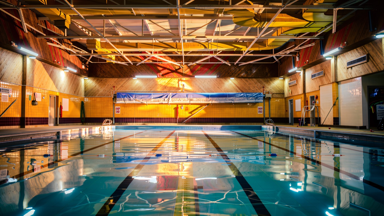 The pool hall with its yellow tiling and timber ceiling