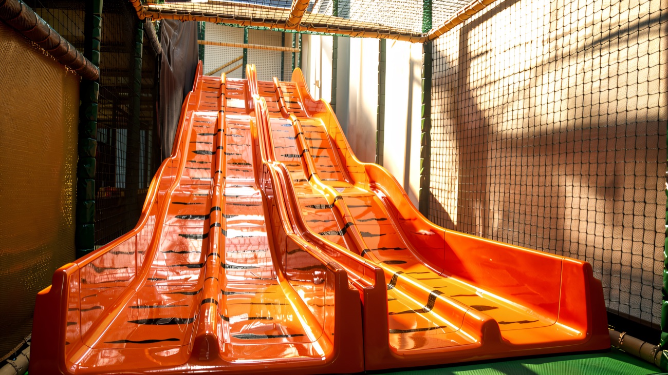Twin orange wave slides running down onto a green padded landing mat