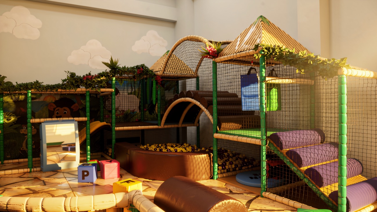 The under-threes jungle area with a small ball pool, soft steps and a bamboo frame