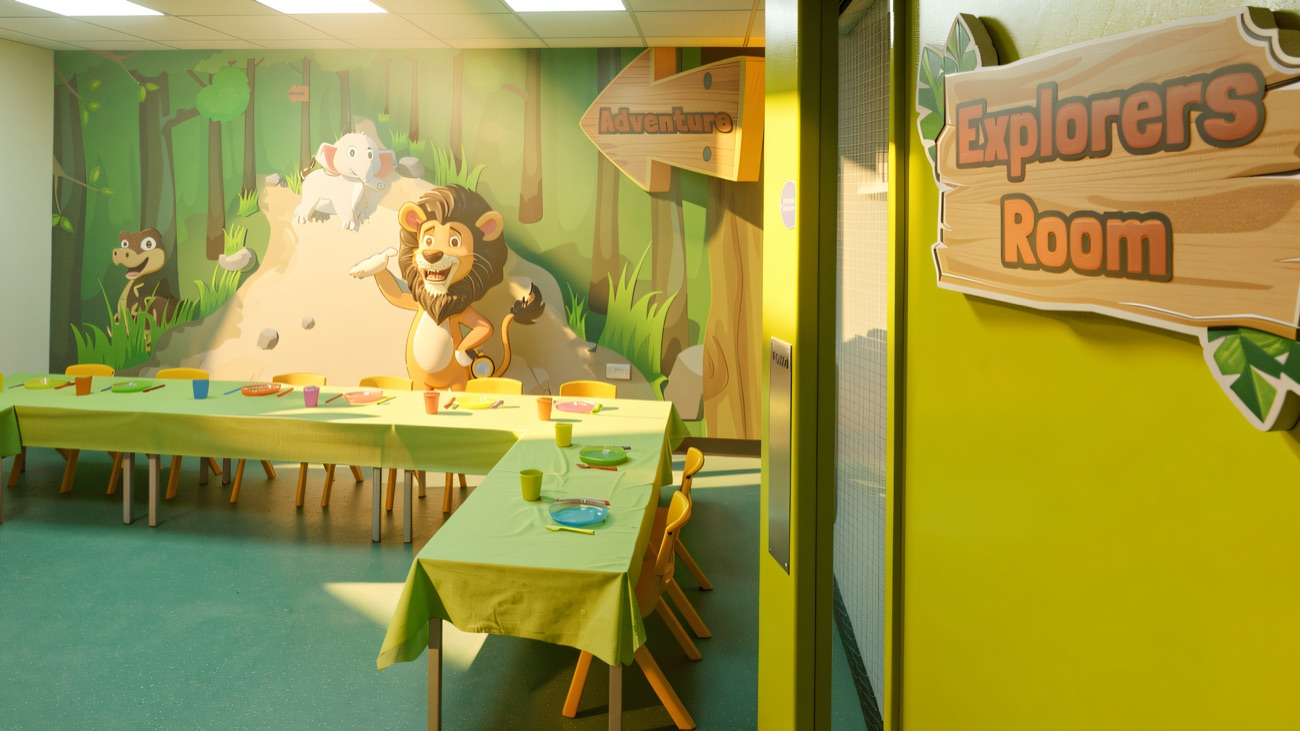 The Explorers Room party space, tables set out in front of a painted jungle mural