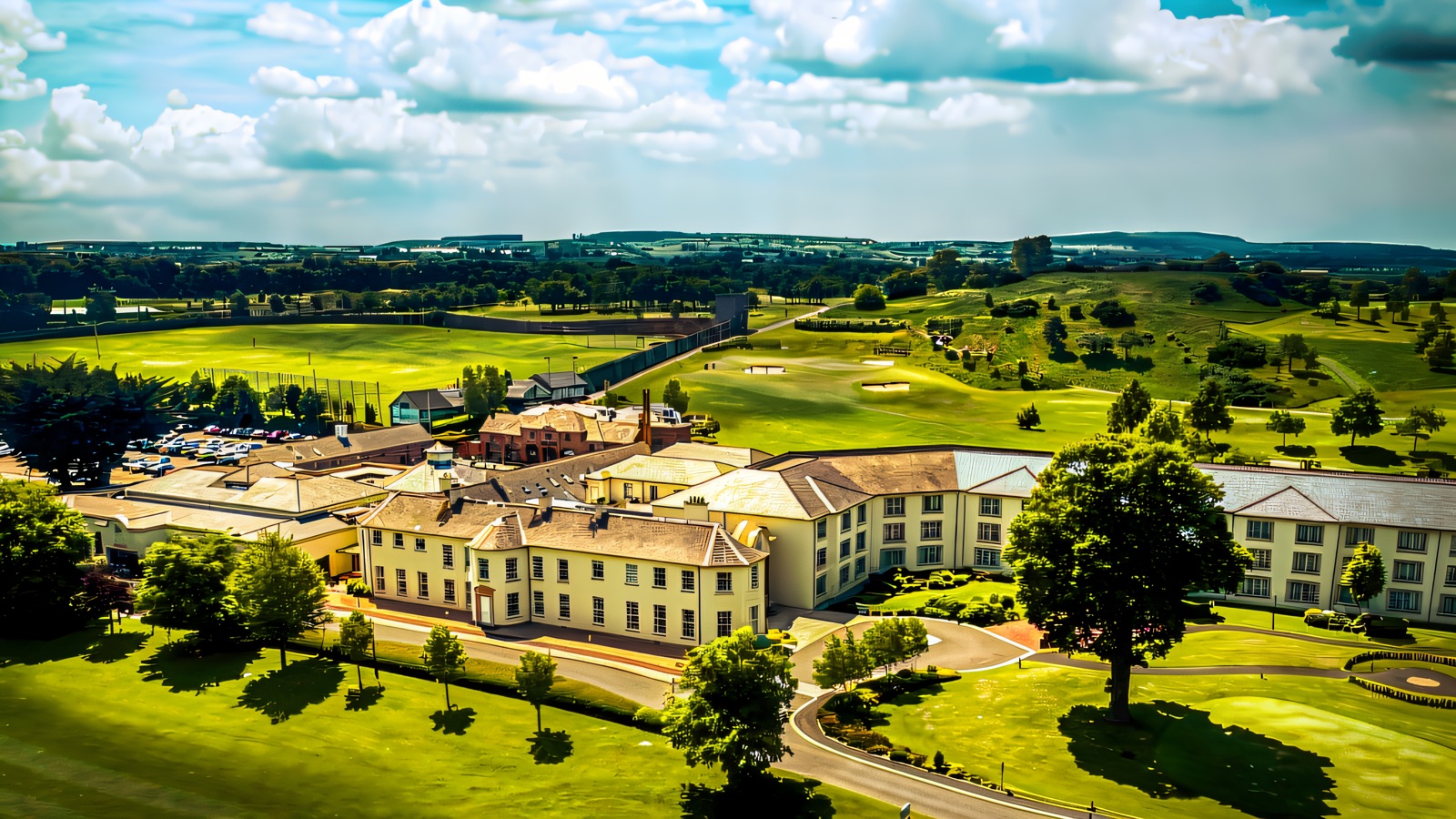 Aerial view of Roe Park Resort hotel set among its golf course and parkland