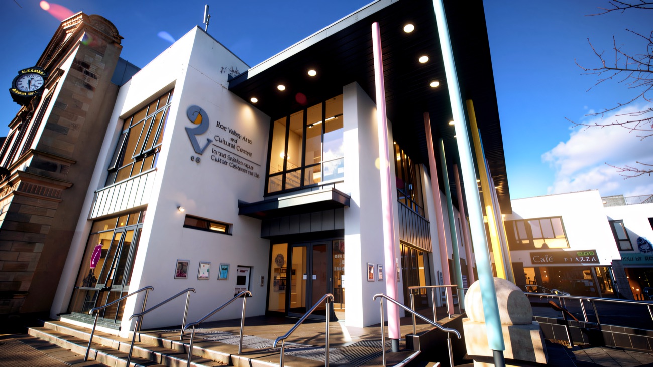 The rainbow columns and glass front of Roe Valley Arts & Cultural Centre in Limavady