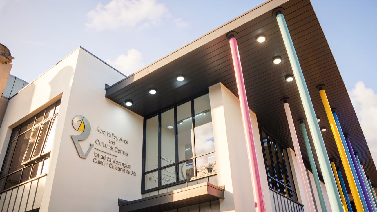 The modern facade with its signature coloured columns