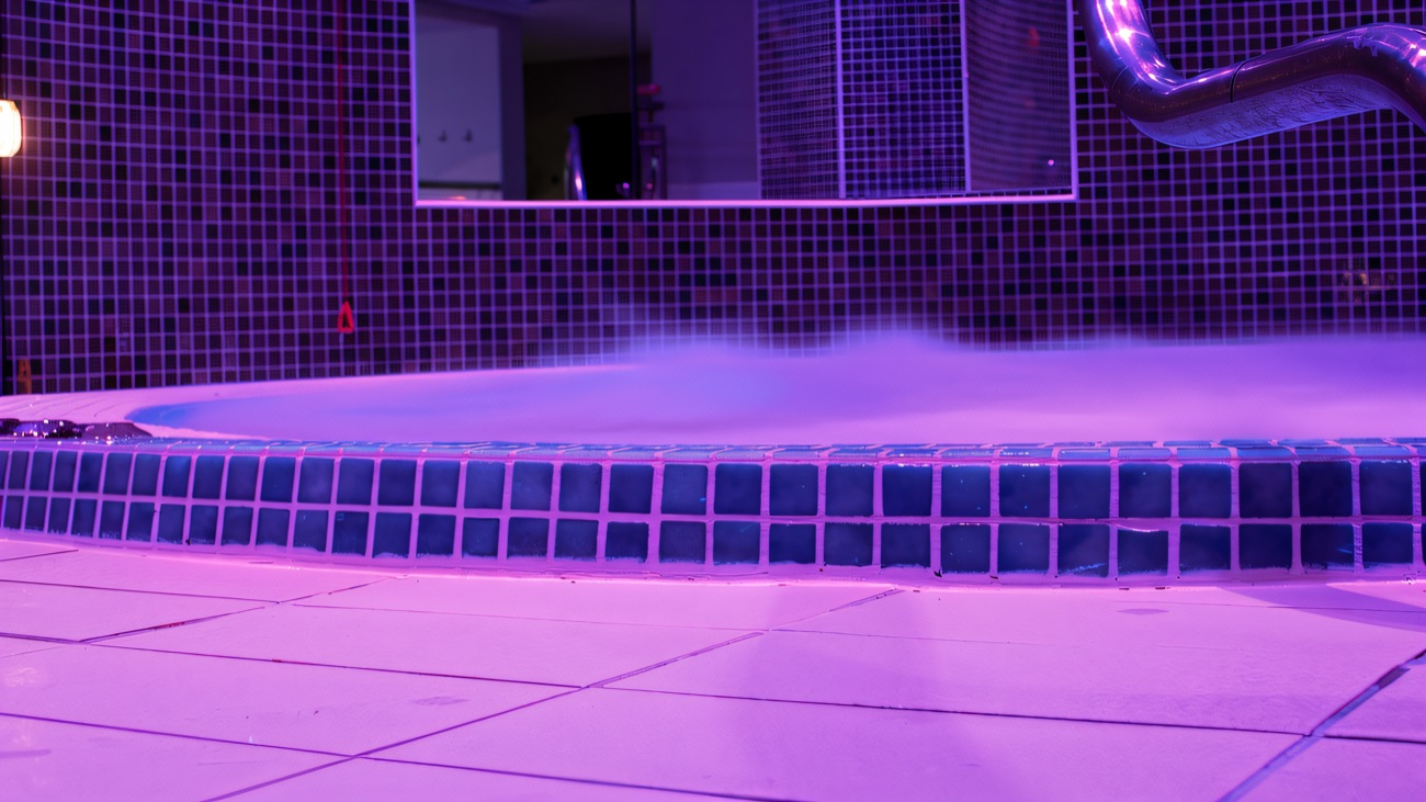 Warm bubbling spa pool under purple lighting