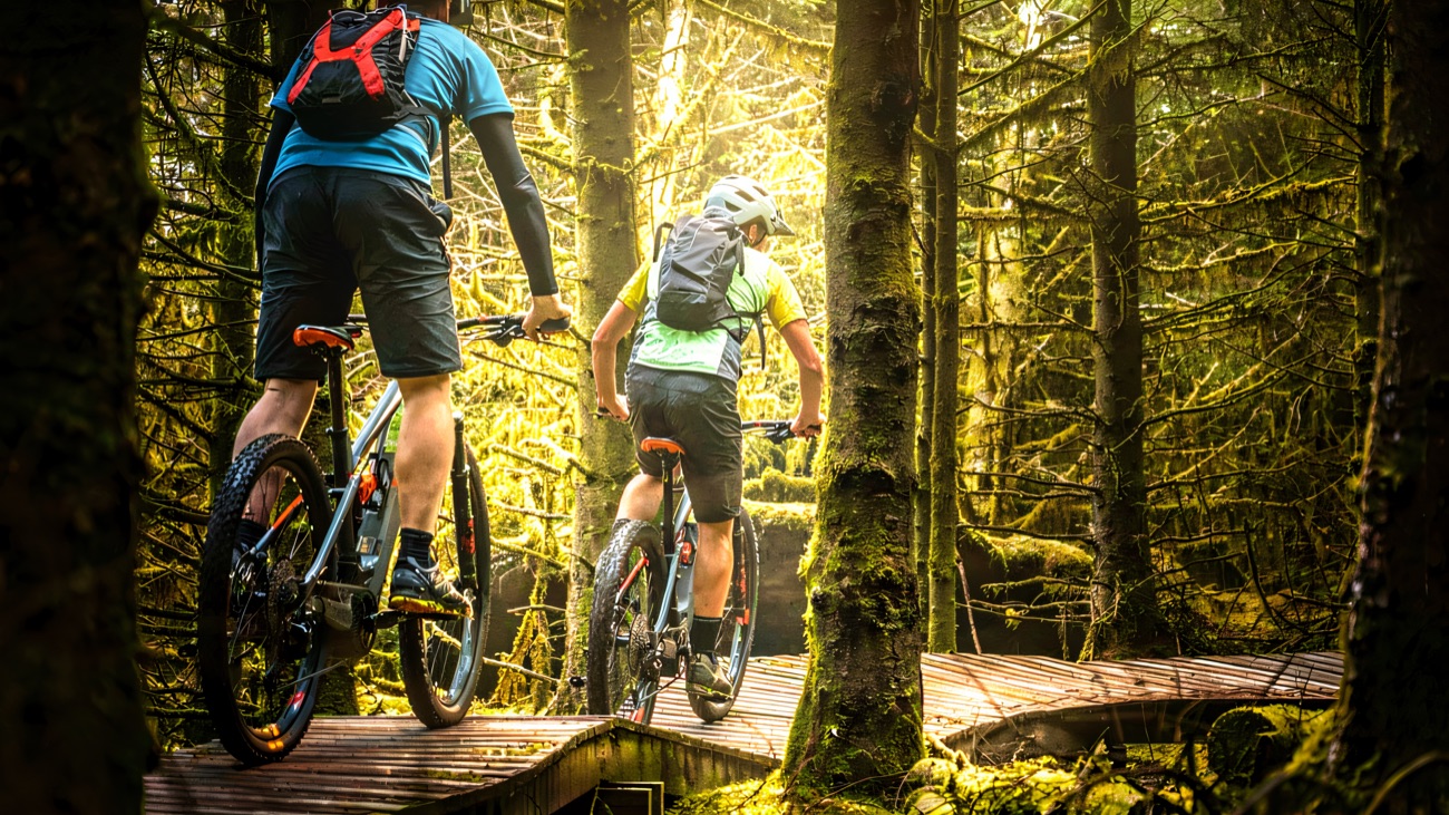 Riding the timber boardwalk through the mossy Kilbroney forest