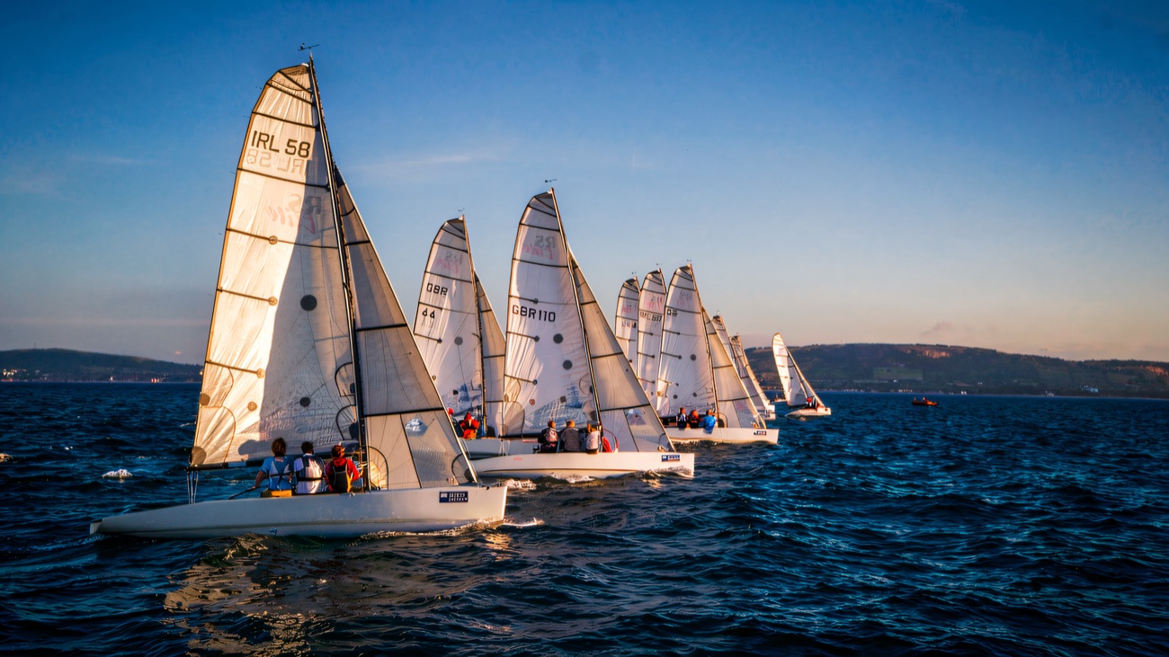 A whole fleet of white sails jostling for the line on Belfast Lough