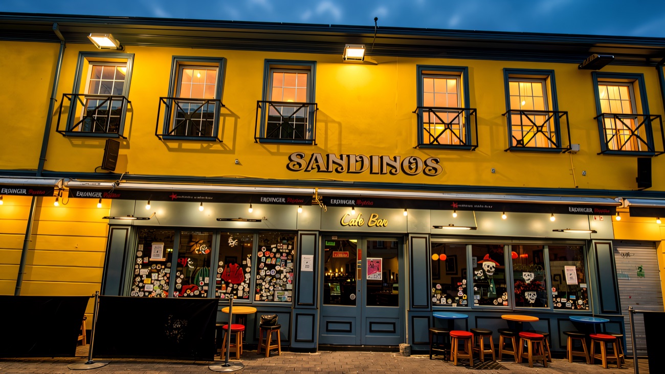 The yellow-painted Sandino's Café Bar exterior