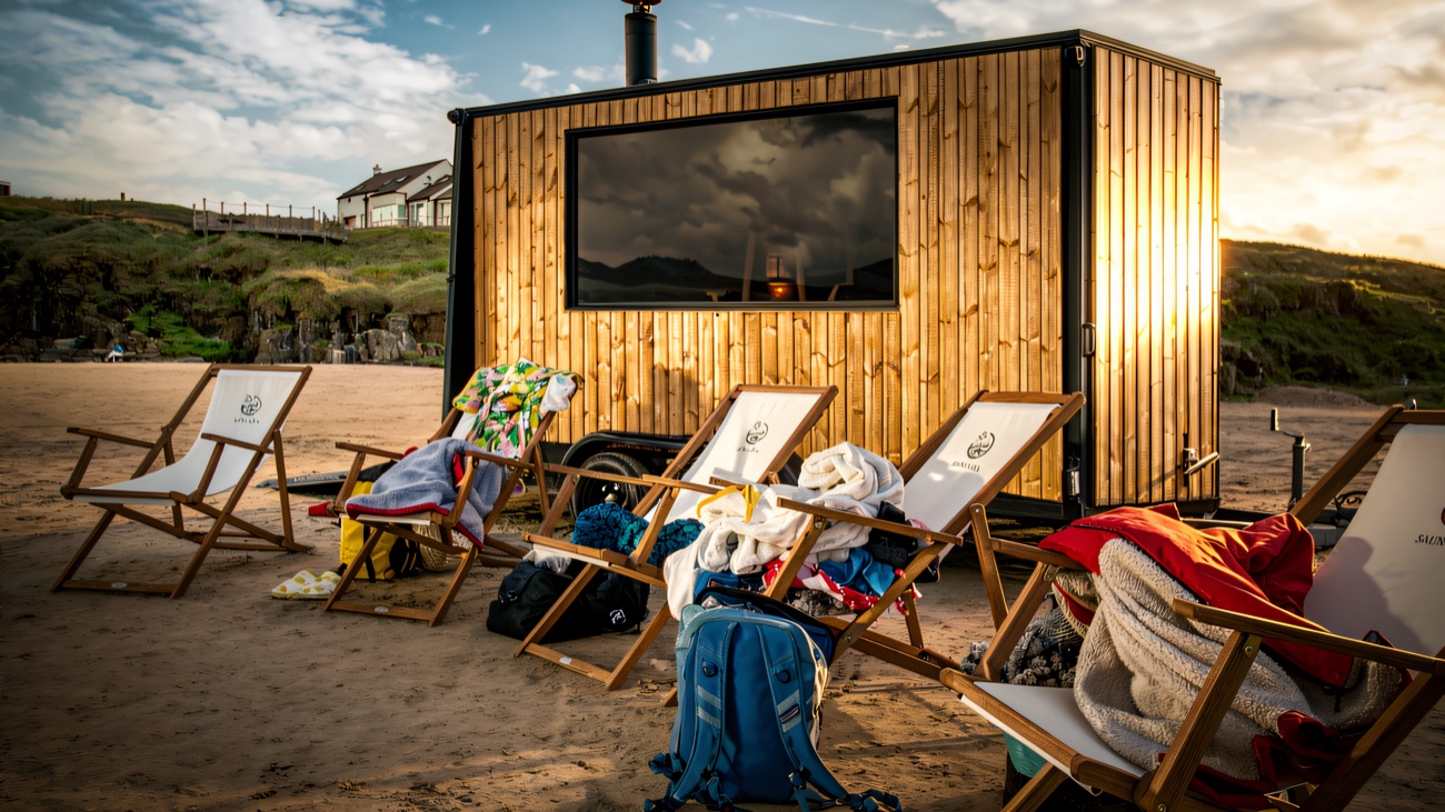 The sauna trailer and deckchairs on Portstewart Strand