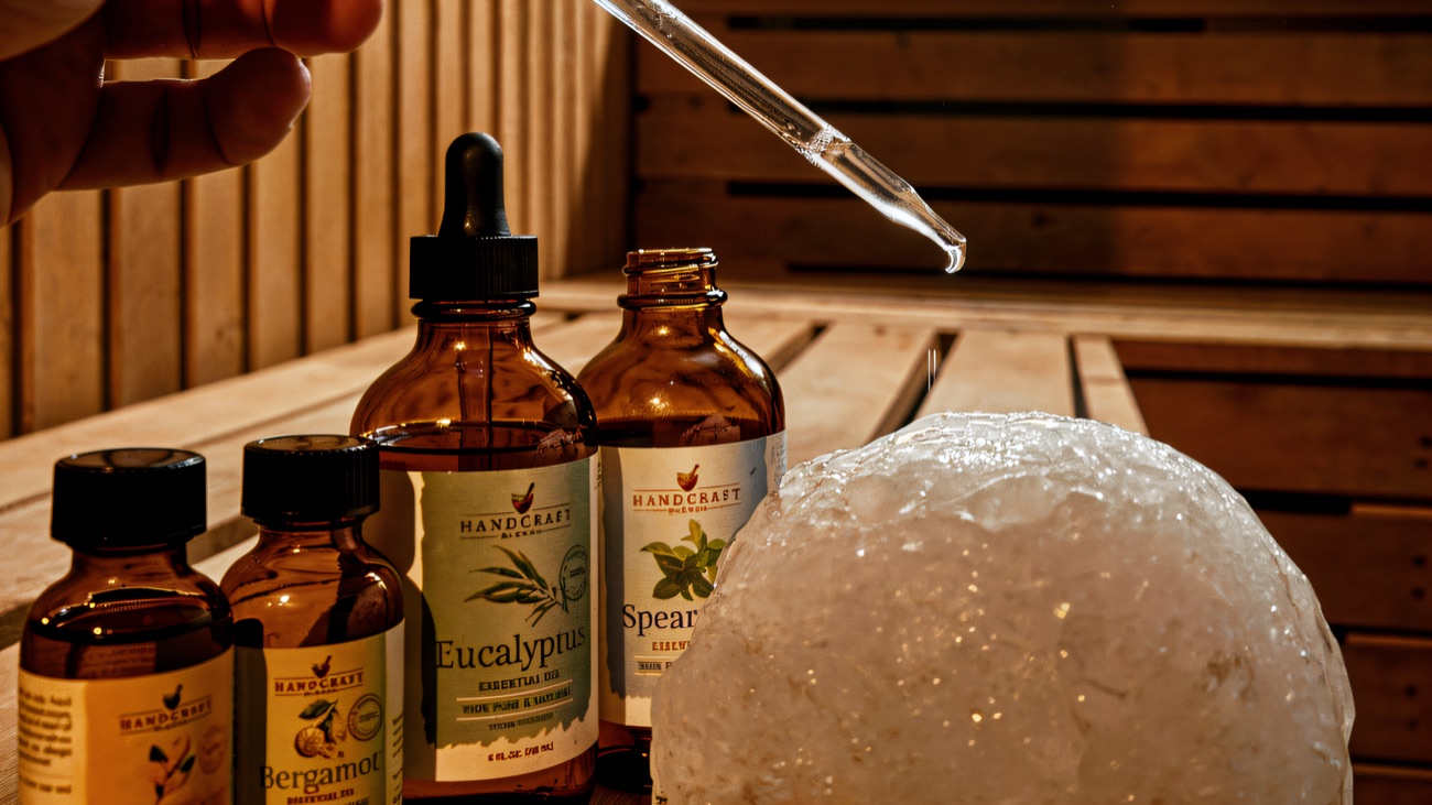 Essential oils and an ice ball set out on the sauna bench