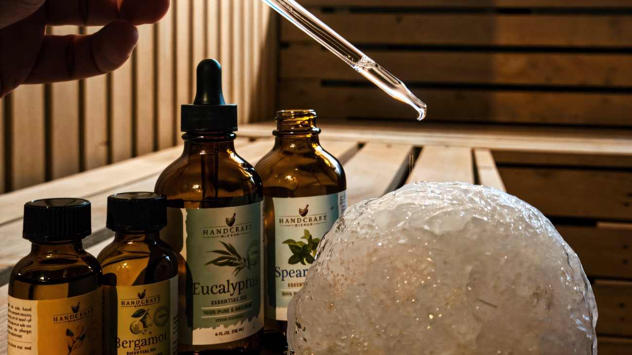 Aroma oils and a scented ice ball set out on the sauna bench