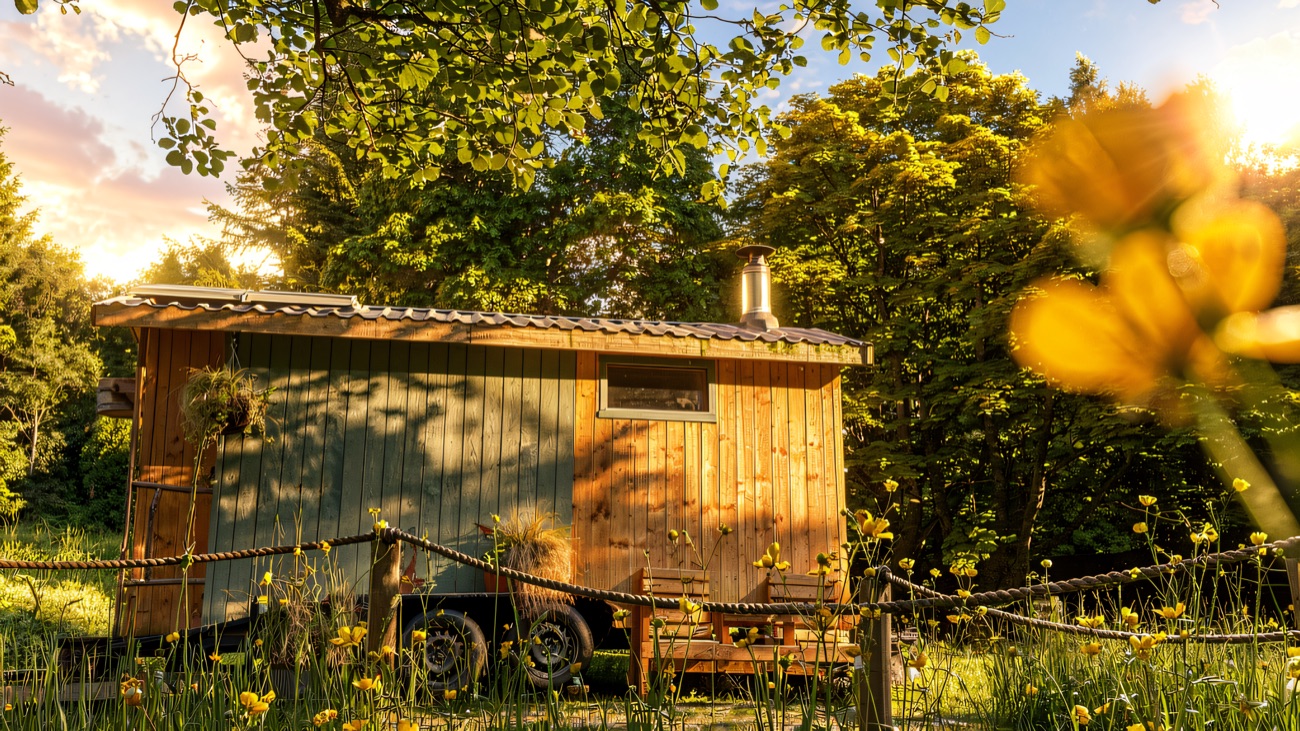 The sauna hut sitting in a meadow of buttercups